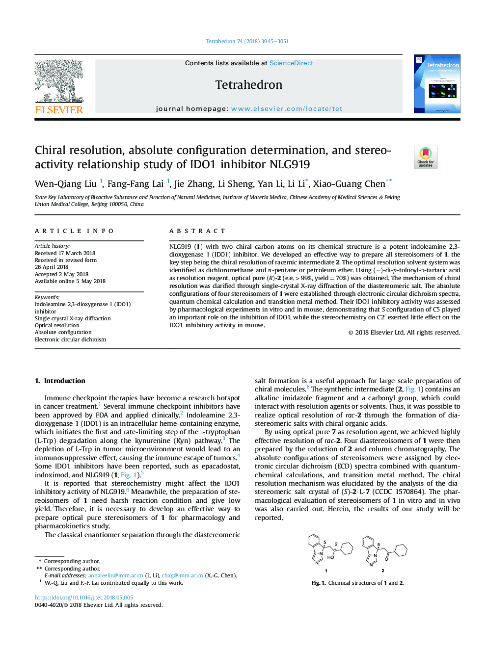 Chiral resolution, absolute configuration determination, and stereo-activity relationship study of IDO1 inhibitor NLG919