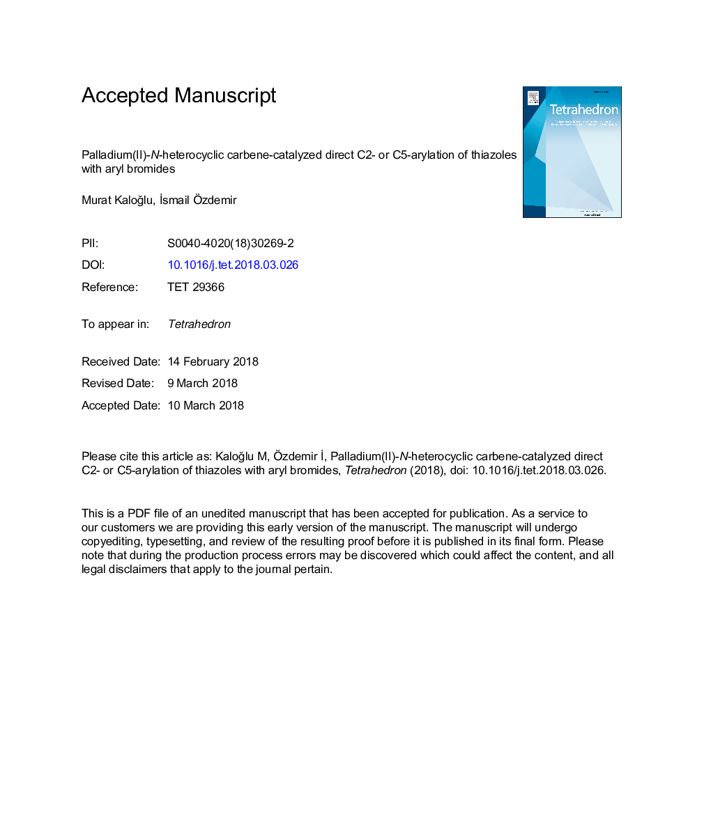 Palladium(II)-N-heterocyclic carbene-catalyzed direct C2- or C5-arylation of thiazoles with aryl bromides
