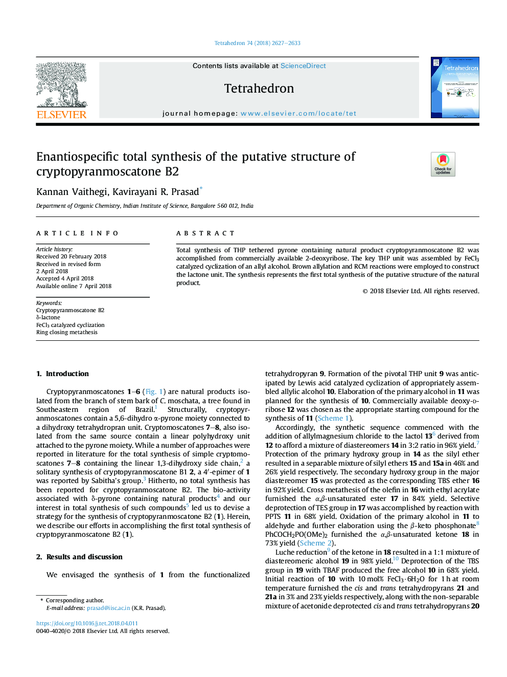 Enantiospecific total synthesis of the putative structure of cryptopyranmoscatone B2