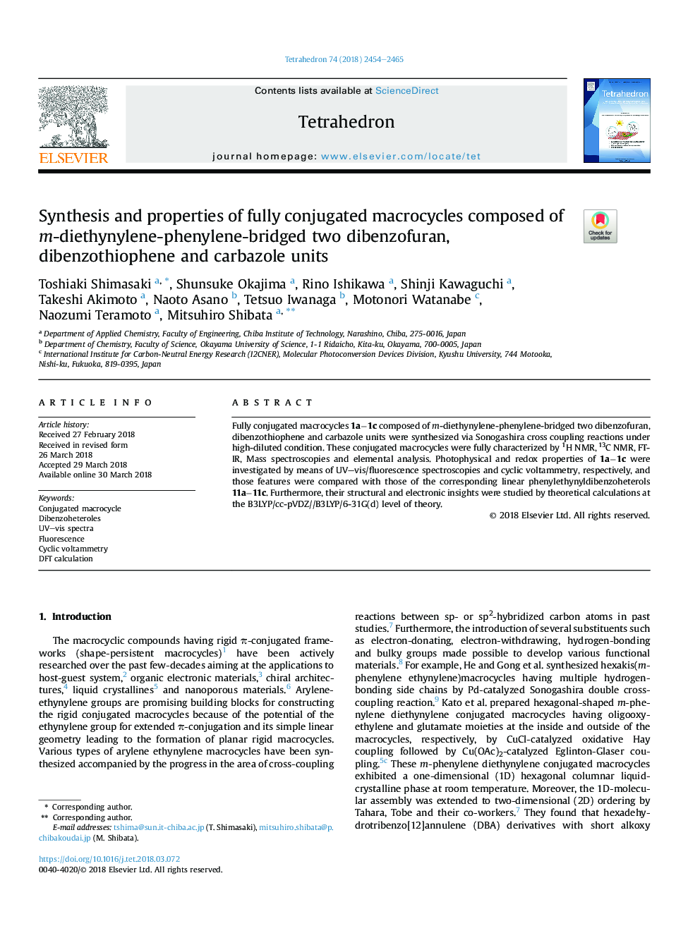 Synthesis and properties of fully conjugated macrocycles composed of m-diethynylene-phenylene-bridged two dibenzofuran, dibenzothiophene and carbazole units