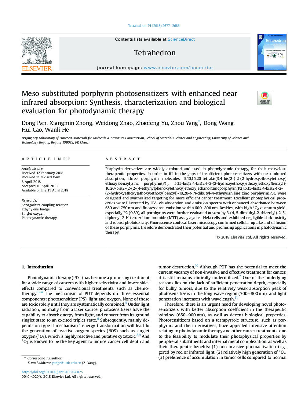 Meso-substituted porphyrin photosensitizers with enhanced near-infrared absorption: Synthesis, characterization and biological evaluation for photodynamic therapy