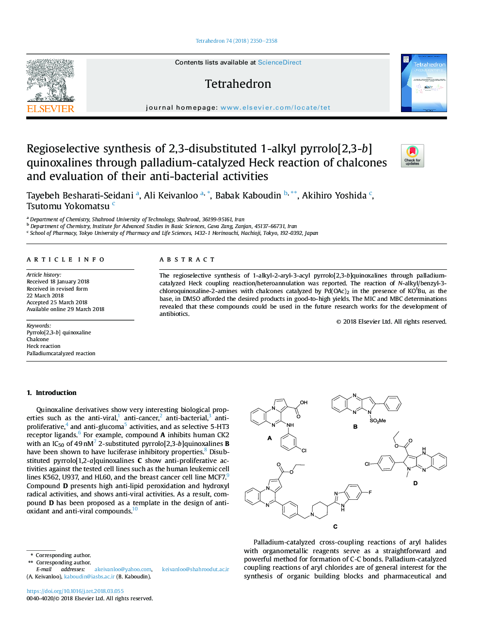 Regioselective synthesis of 2,3-disubstituted 1-alkyl pyrrolo[2,3-b] quinoxalines through palladium-catalyzed Heck reaction of chalcones and evaluation of their anti-bacterial activities