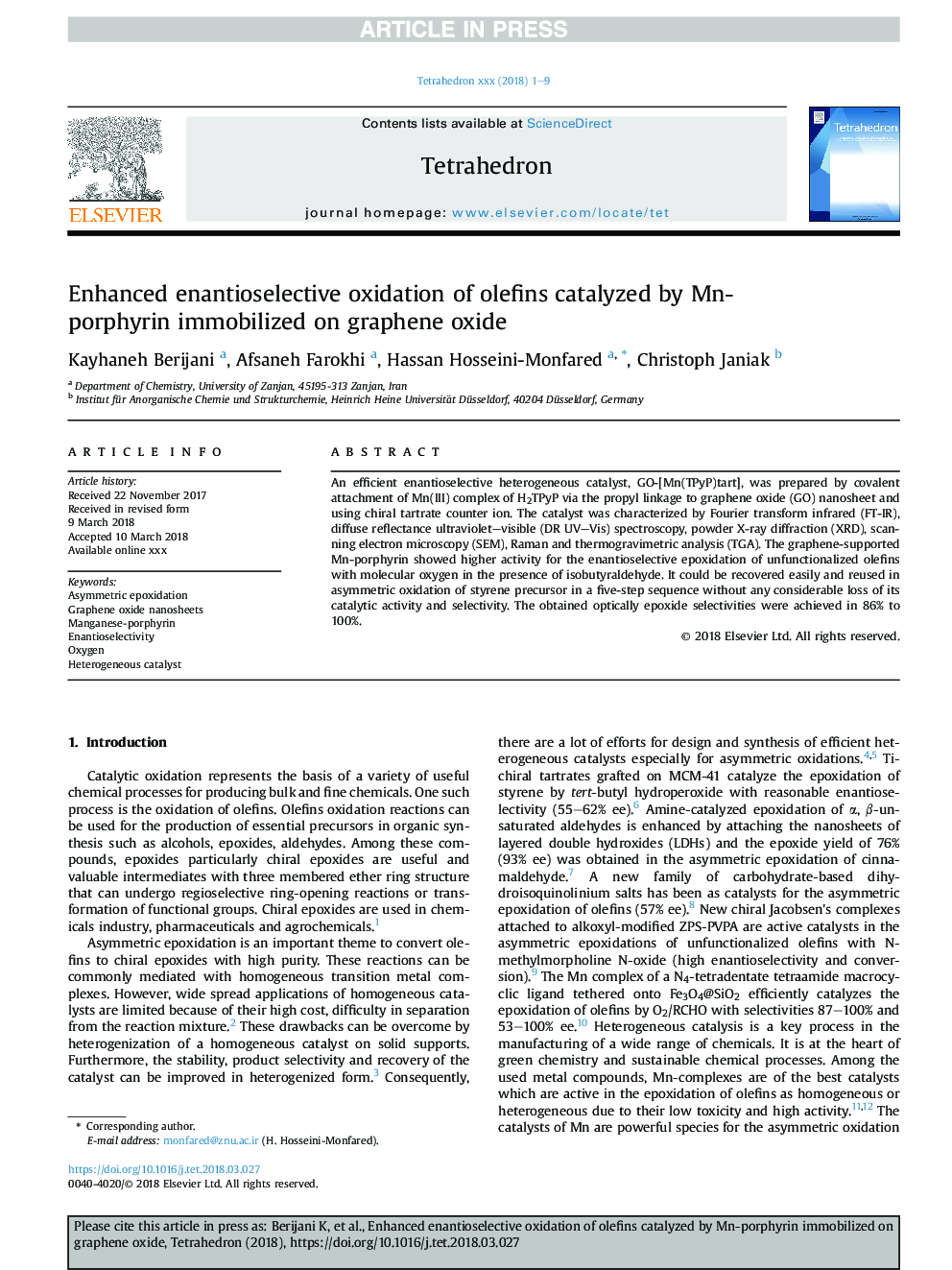 Enhanced enantioselective oxidation of olefins catalyzed by Mn-porphyrin immobilized on graphene oxide