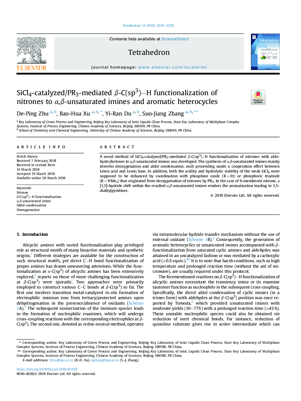 SiCl4-catalyzed/PR3-mediated Î²-C(sp3)âH functionalization of nitrones to Î±,Î²-unsaturated imines and aromatic heterocycles