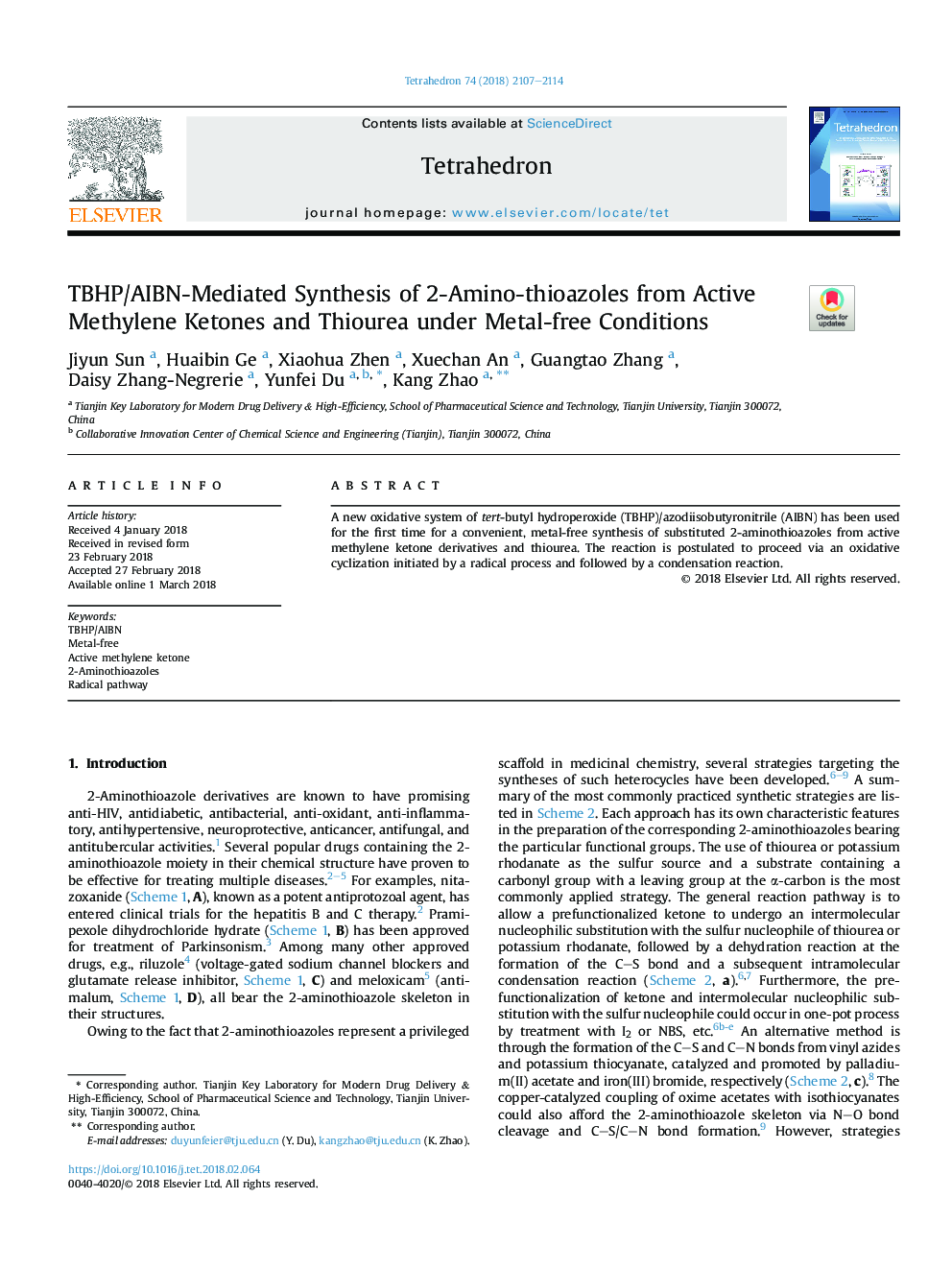 TBHP/AIBN-Mediated Synthesis of 2-Amino-thioazoles from Active Methylene Ketones and Thiourea under Metal-free Conditions