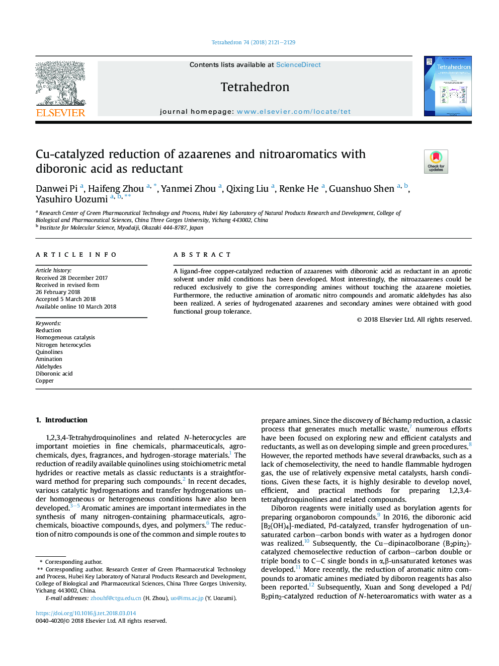 Cu-catalyzed reduction of azaarenes and nitroaromatics with diboronic acid as reductant