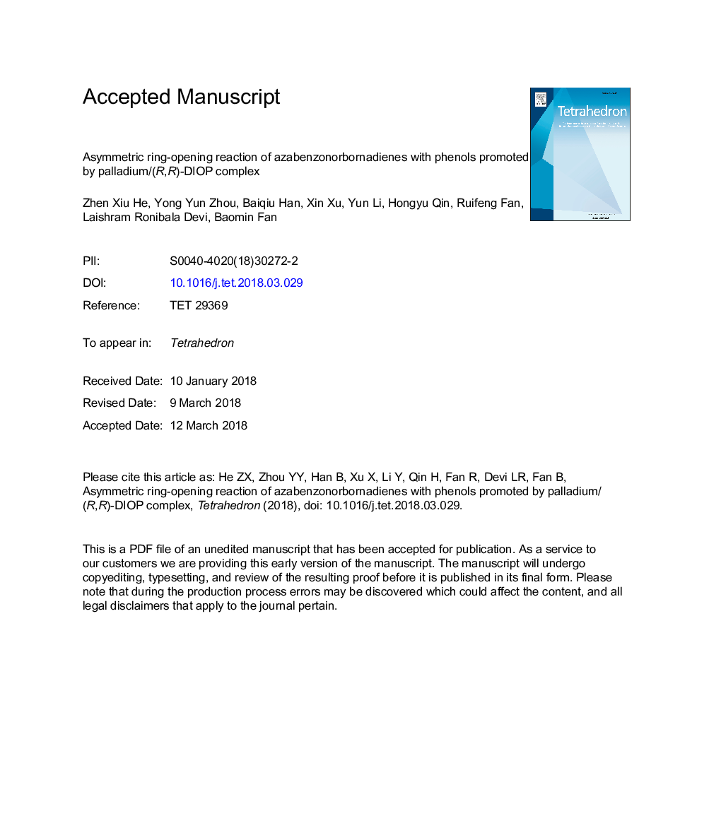 Asymmetric ring-opening reaction of azabenzonorbornadienes with phenols promoted by palladium/(R,R)-DIOP complex