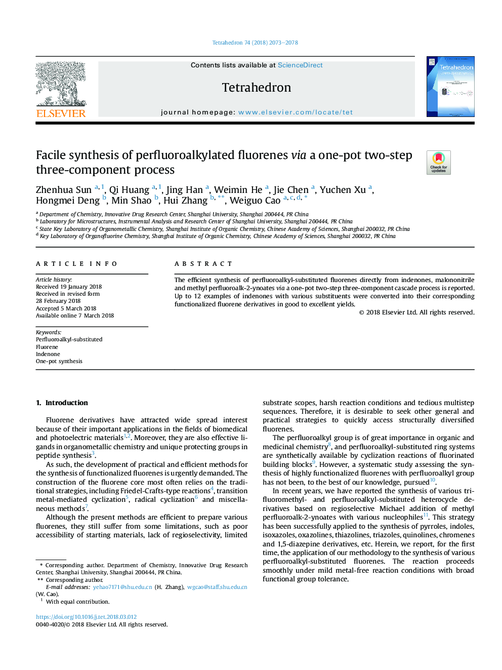 Facile synthesis of perfluoroalkylated fluorenes via a one-pot two-step three-component process