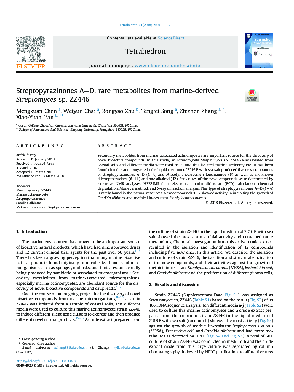 Streptopyrazinones AâD, rare metabolites from marine-derived Streptomyces sp. ZZ446