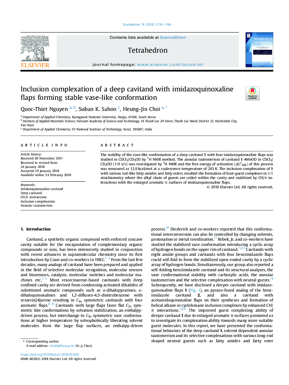 Inclusion complexation of a deep cavitand with imidazoquinoxaline flaps forming stable vase-like conformation