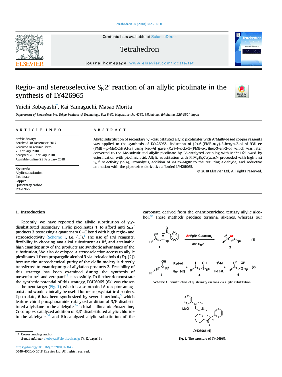 Regio- and stereoselective SN2â² reaction of an allylic picolinate in the synthesis of LY426965