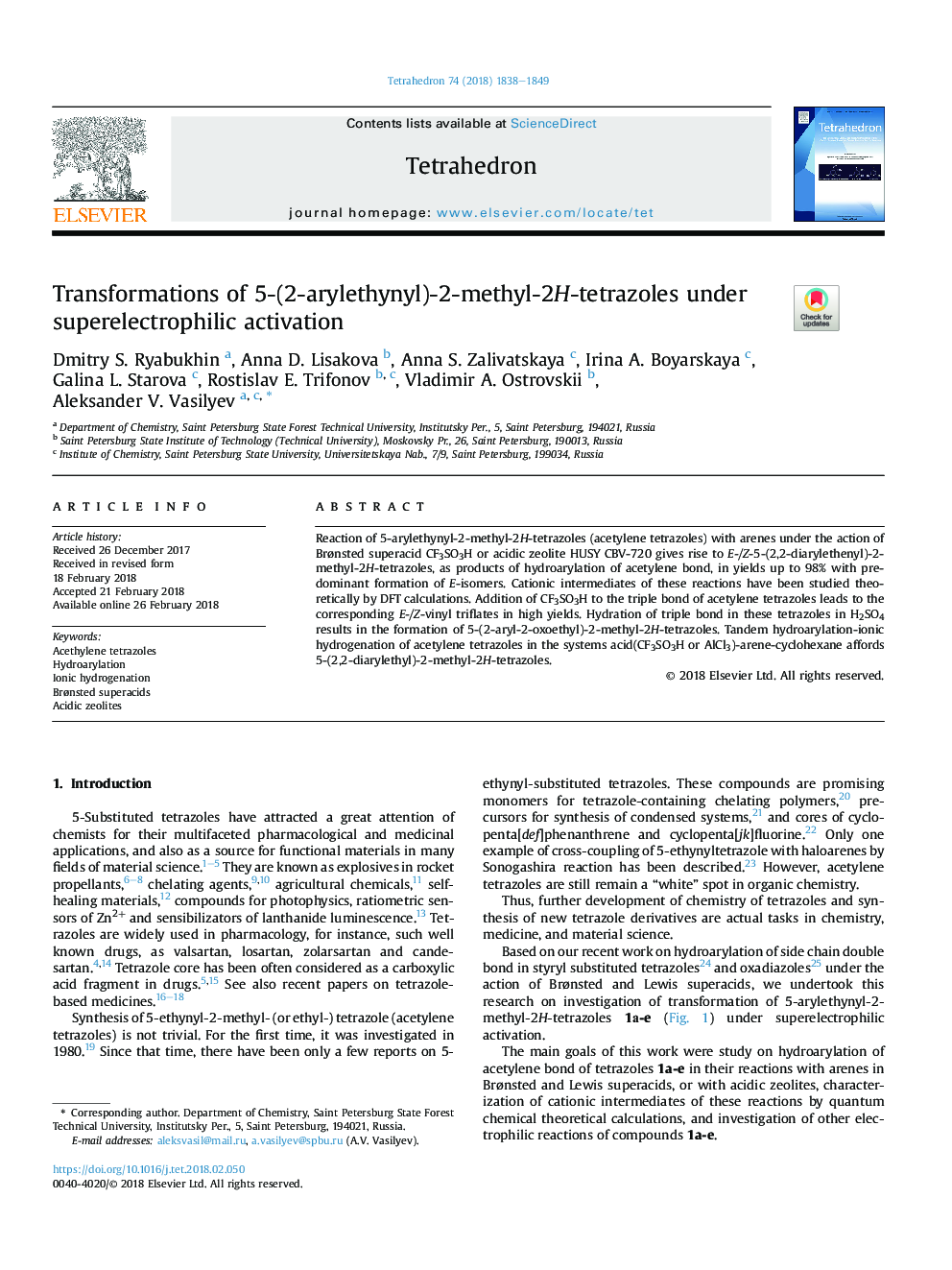 Transformations of 5-(2-arylethynyl)-2-methyl-2H-tetrazoles under superelectrophilic activation