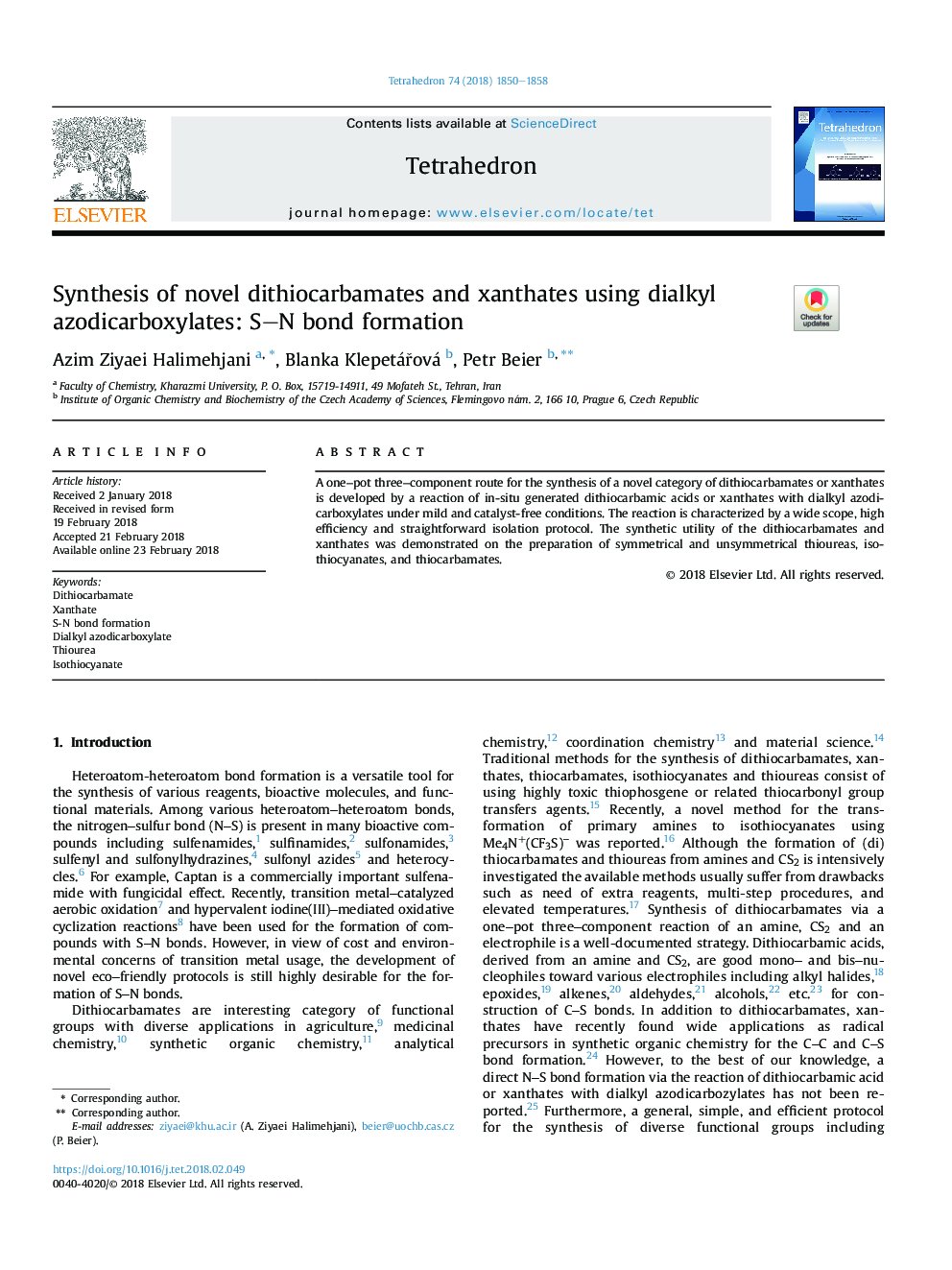 Synthesis of novel dithiocarbamates and xanthates using dialkyl azodicarboxylates: SN bond formation