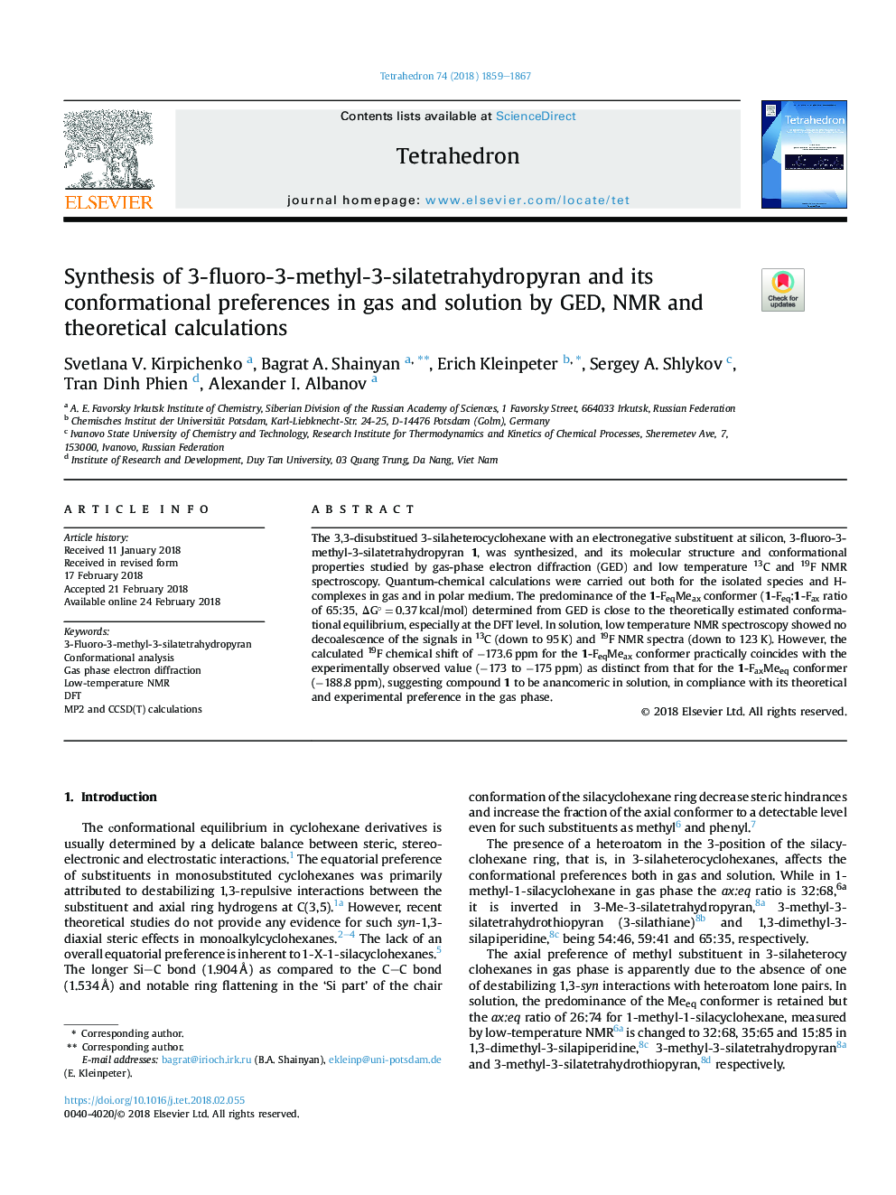 Synthesis of 3-fluoro-3-methyl-3-silatetrahydropyran and its conformational preferences in gas and solution by GED, NMR and theoretical calculations