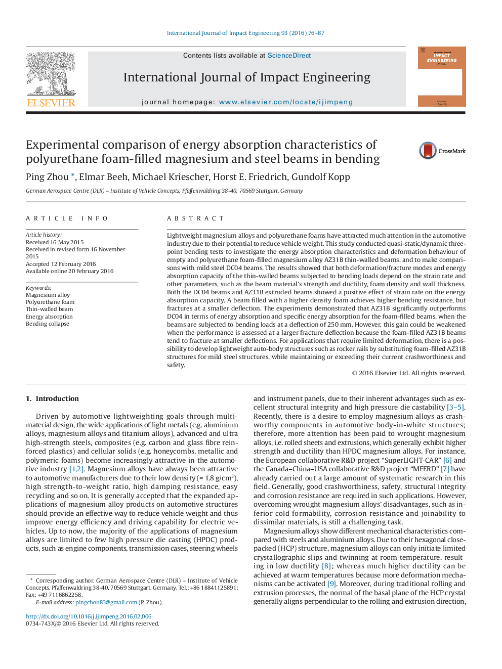 Experimental comparison of energy absorption characteristics of polyurethane foam-filled magnesium and steel beams in bending