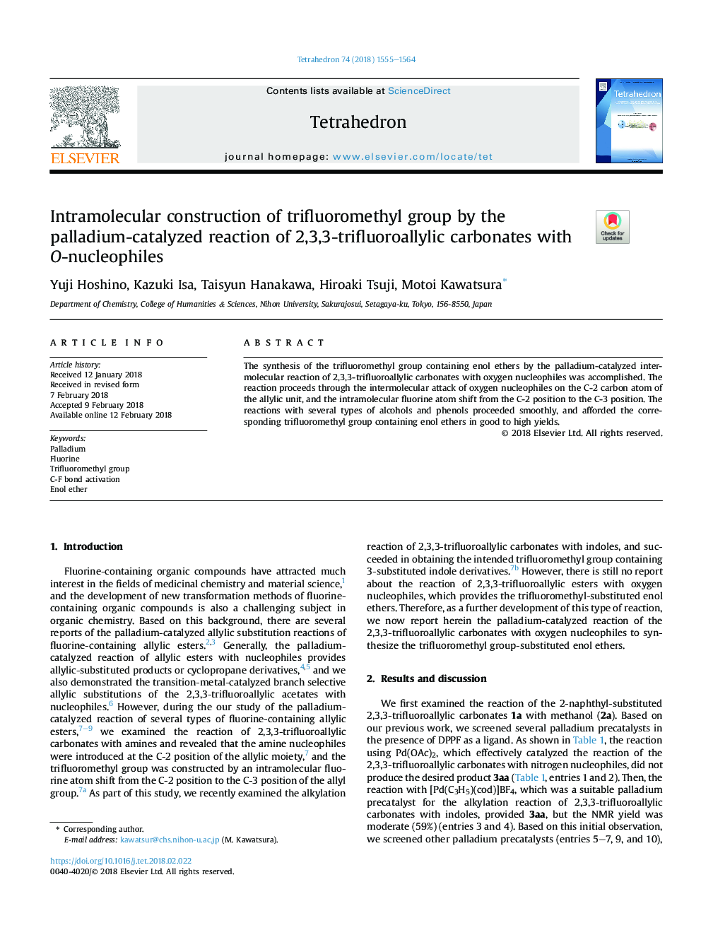 Intramolecular construction of trifluoromethyl group by the palladium-catalyzed reaction of 2,3,3-trifluoroallylic carbonates with O-nucleophiles