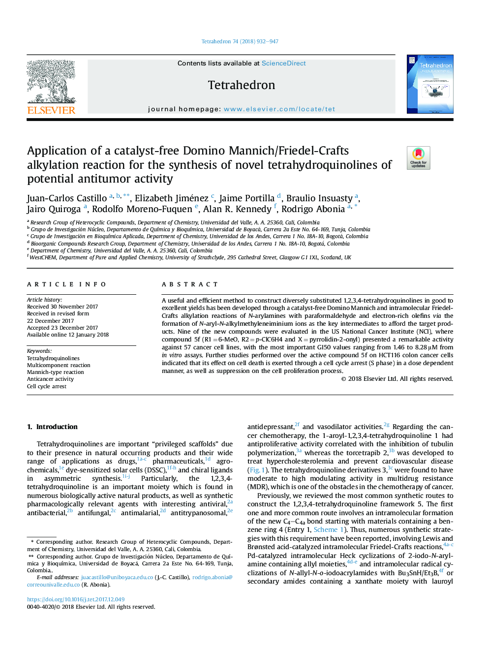 Application of a catalyst-free Domino Mannich/Friedel-Crafts alkylation reaction for the synthesis of novel tetrahydroquinolines of potential antitumor activity