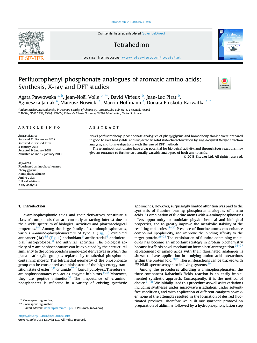 Perfluorophenyl phosphonate analogues of aromatic amino acids: Synthesis, X-ray and DFT studies