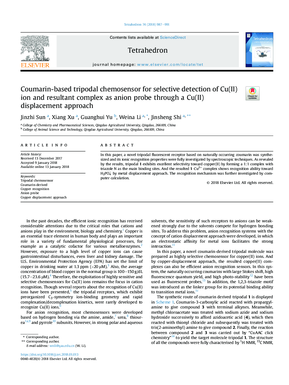 Coumarin-based tripodal chemosensor for selective detection of Cu(II) ion and resultant complex as anion probe through a Cu(II) displacement approach