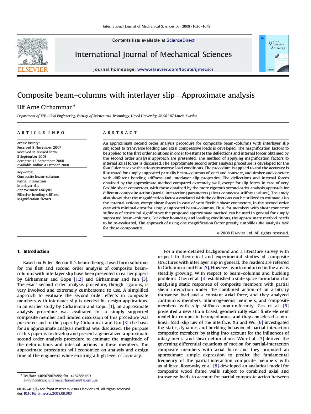 Composite beam–columns with interlayer slip—Approximate analysis