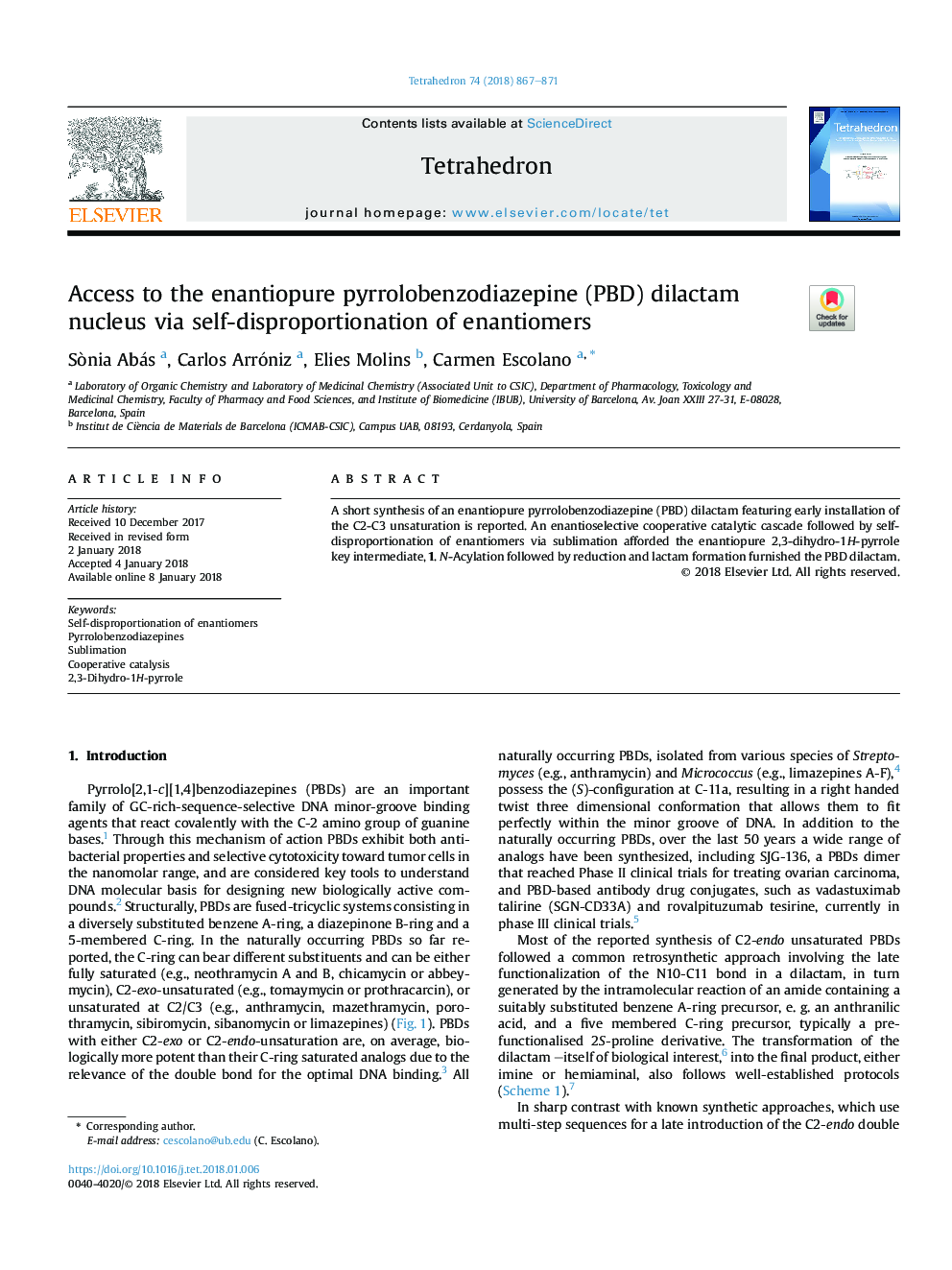 Access to the enantiopure pyrrolobenzodiazepine (PBD) dilactam nucleus via self-disproportionation of enantiomers