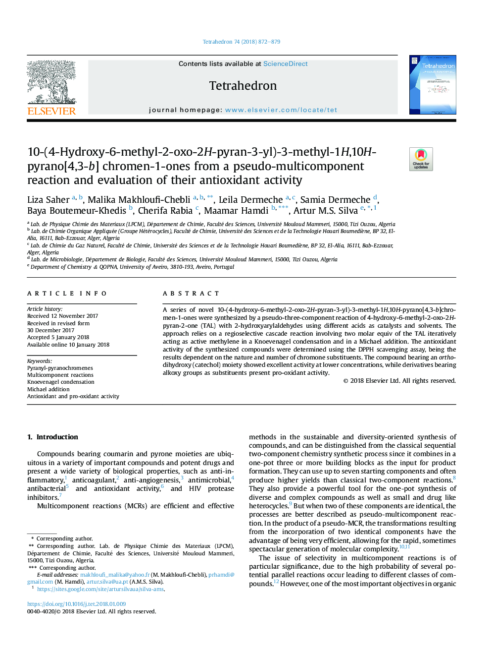 10-(4-Hydroxy-6-methyl-2-oxo-2H-pyran-3-yl)-3-methyl-1H,10H-pyrano[4,3-b] chromen-1-ones from a pseudo-multicomponent reaction and evaluation of their antioxidant activity