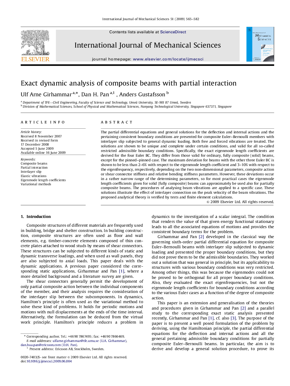 Exact dynamic analysis of composite beams with partial interaction