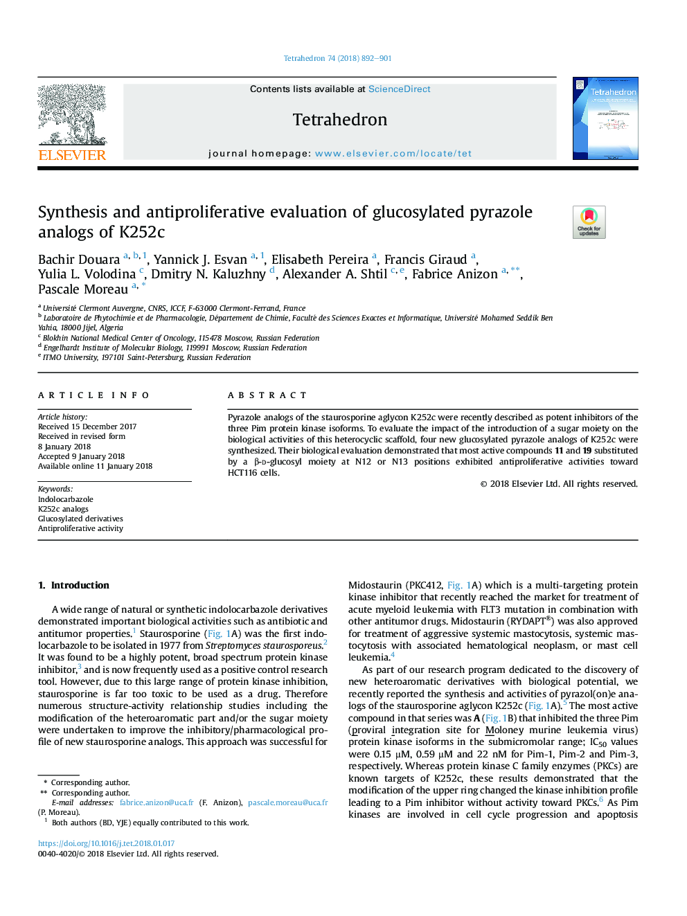 Synthesis and antiproliferative evaluation of glucosylated pyrazole analogs of K252c