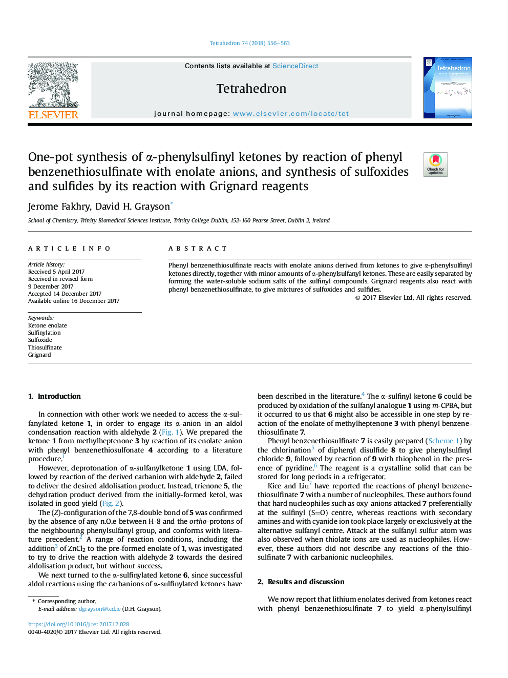 One-pot synthesis of Î±-phenylsulfinyl ketones by reaction of phenyl benzenethiosulfinate with enolate anions, and synthesis of sulfoxides and sulfides by its reaction with Grignard reagents