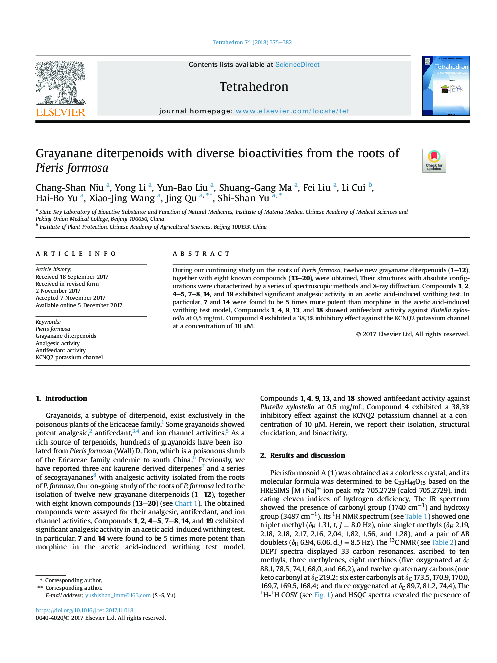 Grayanane diterpenoids with diverse bioactivities from the roots of Pieris formosa