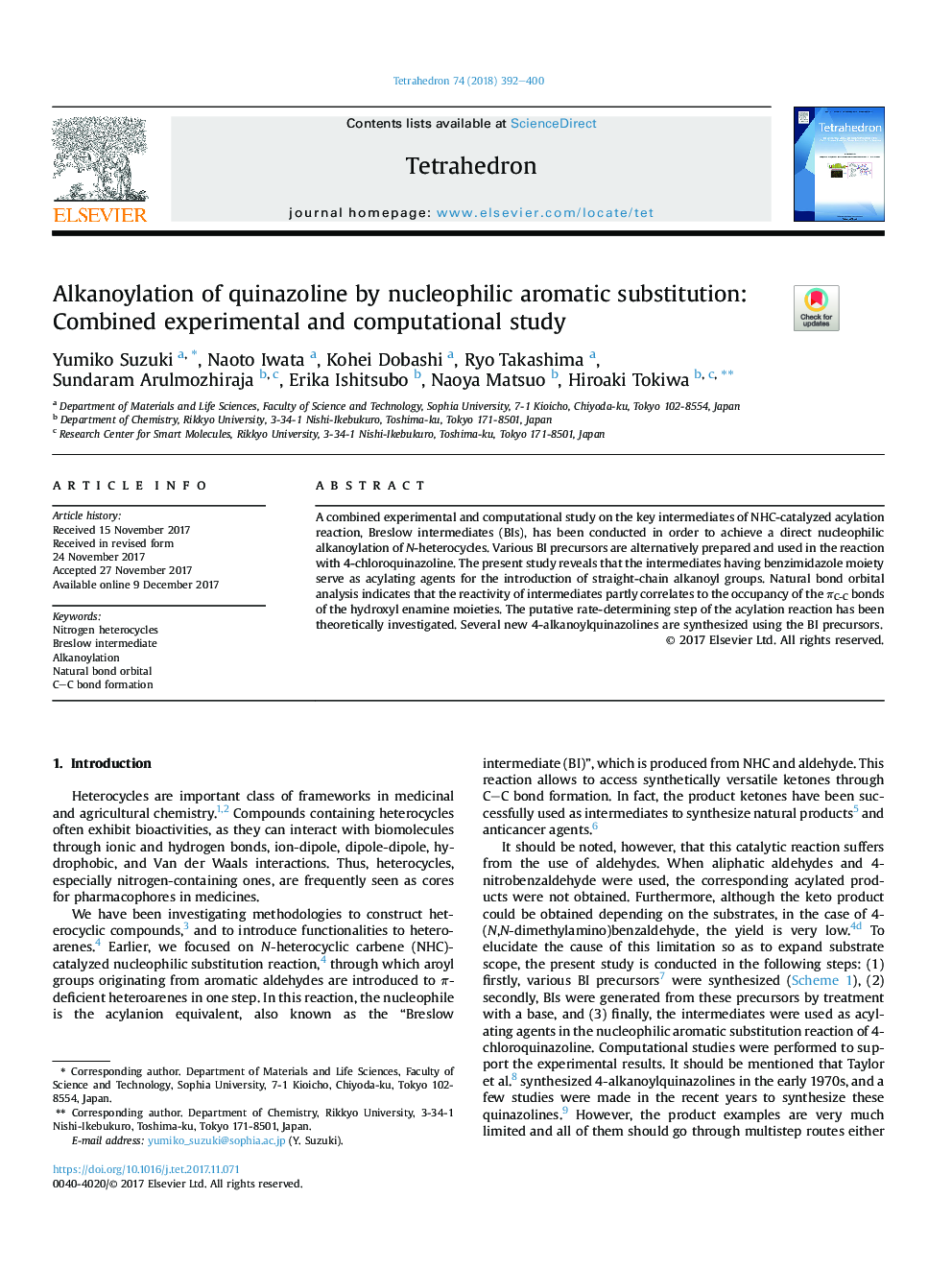 Alkanoylation of quinazoline by nucleophilic aromatic substitution: Combined experimental and computational study