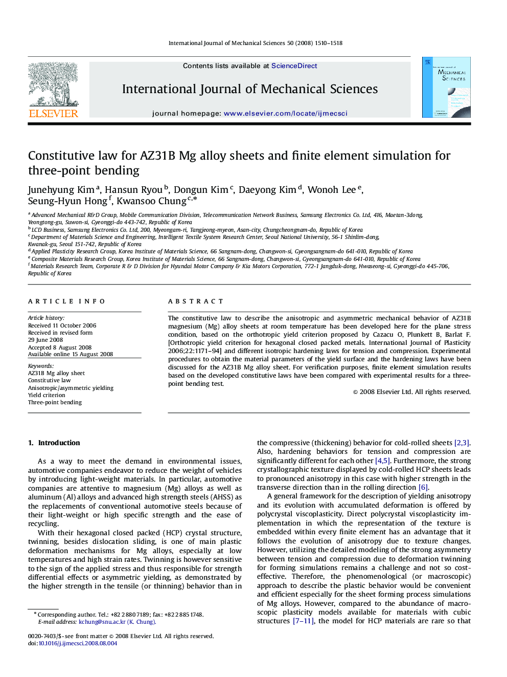 Constitutive law for AZ31B Mg alloy sheets and finite element simulation for three-point bending