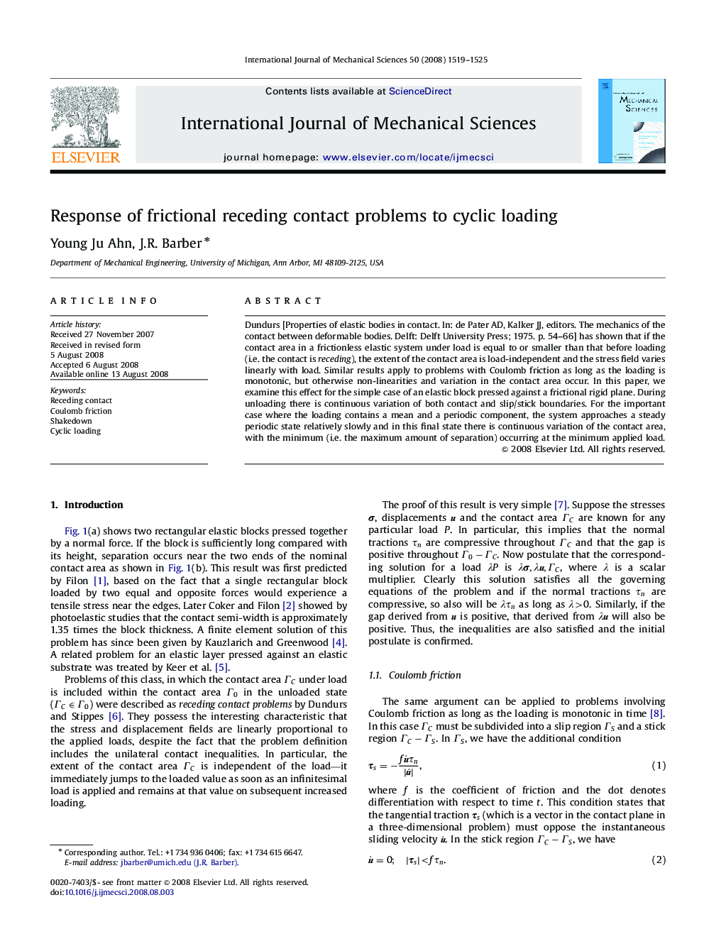 Response of frictional receding contact problems to cyclic loading