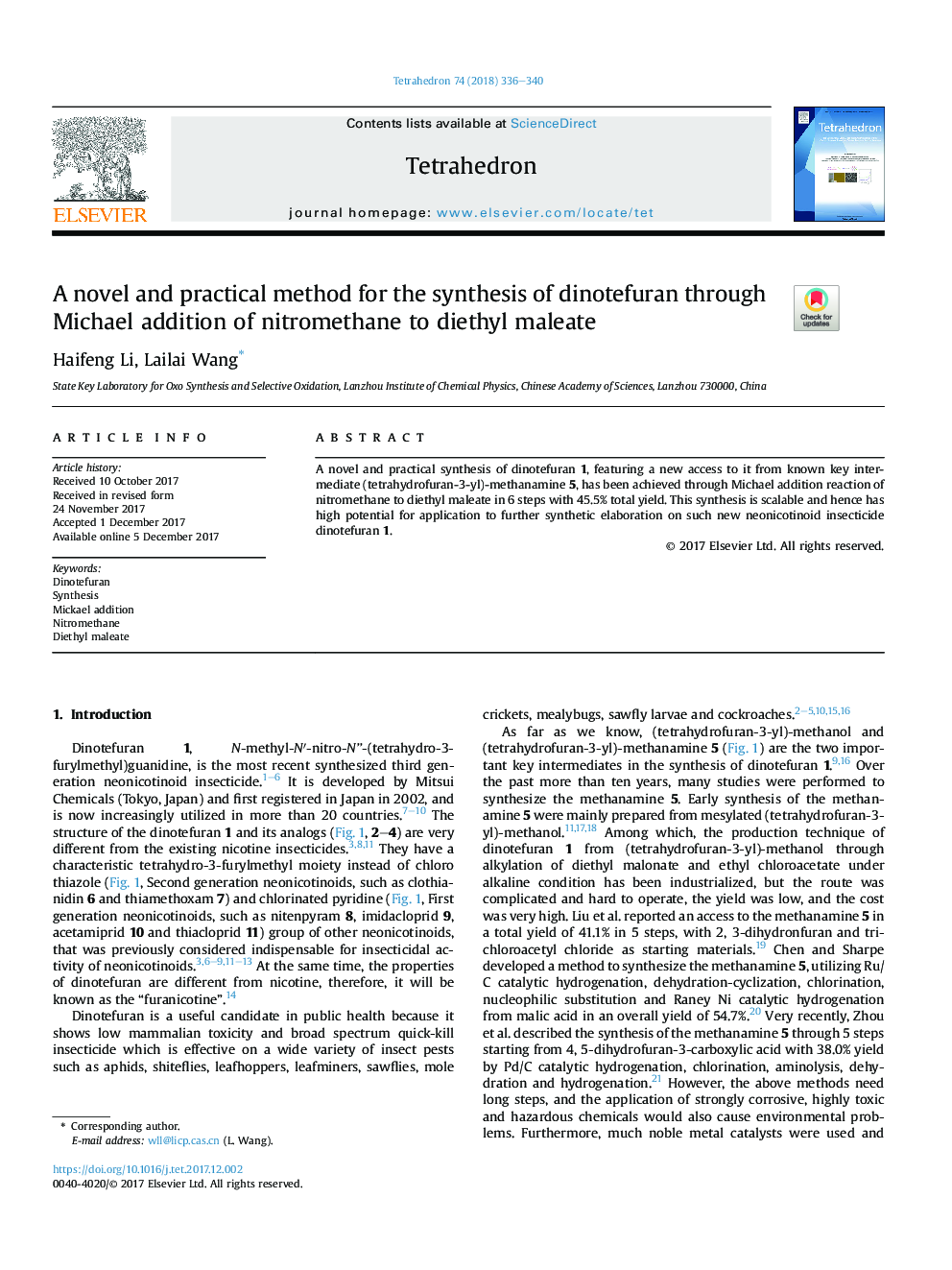 A novel and practical method for the synthesis of dinotefuran through Michael addition of nitromethane to diethyl maleate