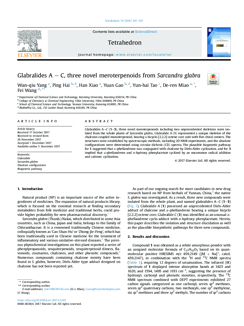 عکس صفحه اول مقاله: Glabralides A - C, three novel meroterpenoids from Sarcandra glabra Glabralides A - C, three novel meroterpenoids from Sarcandra glabra