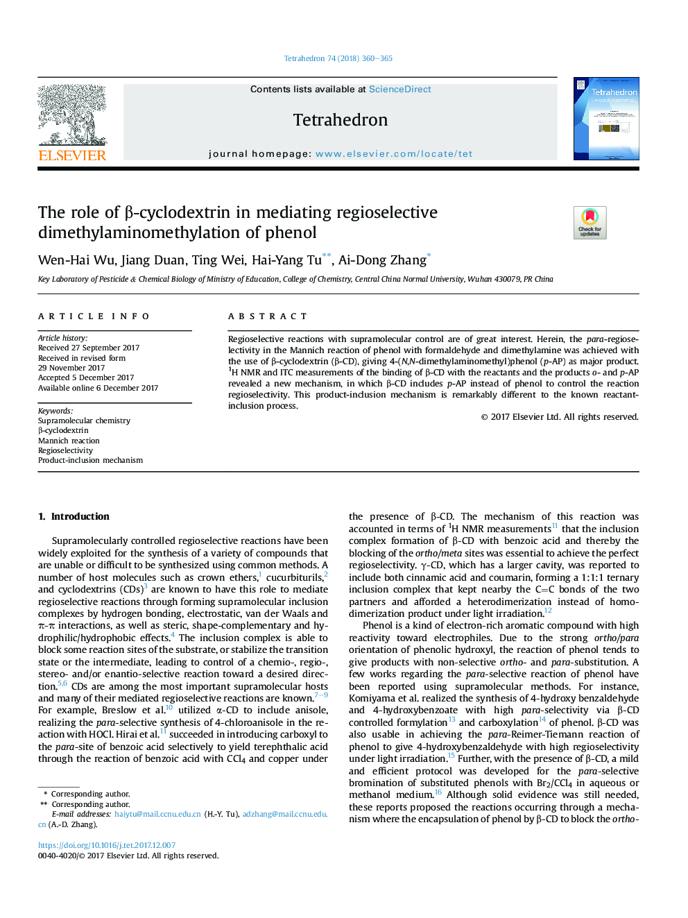 The role of Î²-cyclodextrin in mediating regioselective dimethylaminomethylation of phenol