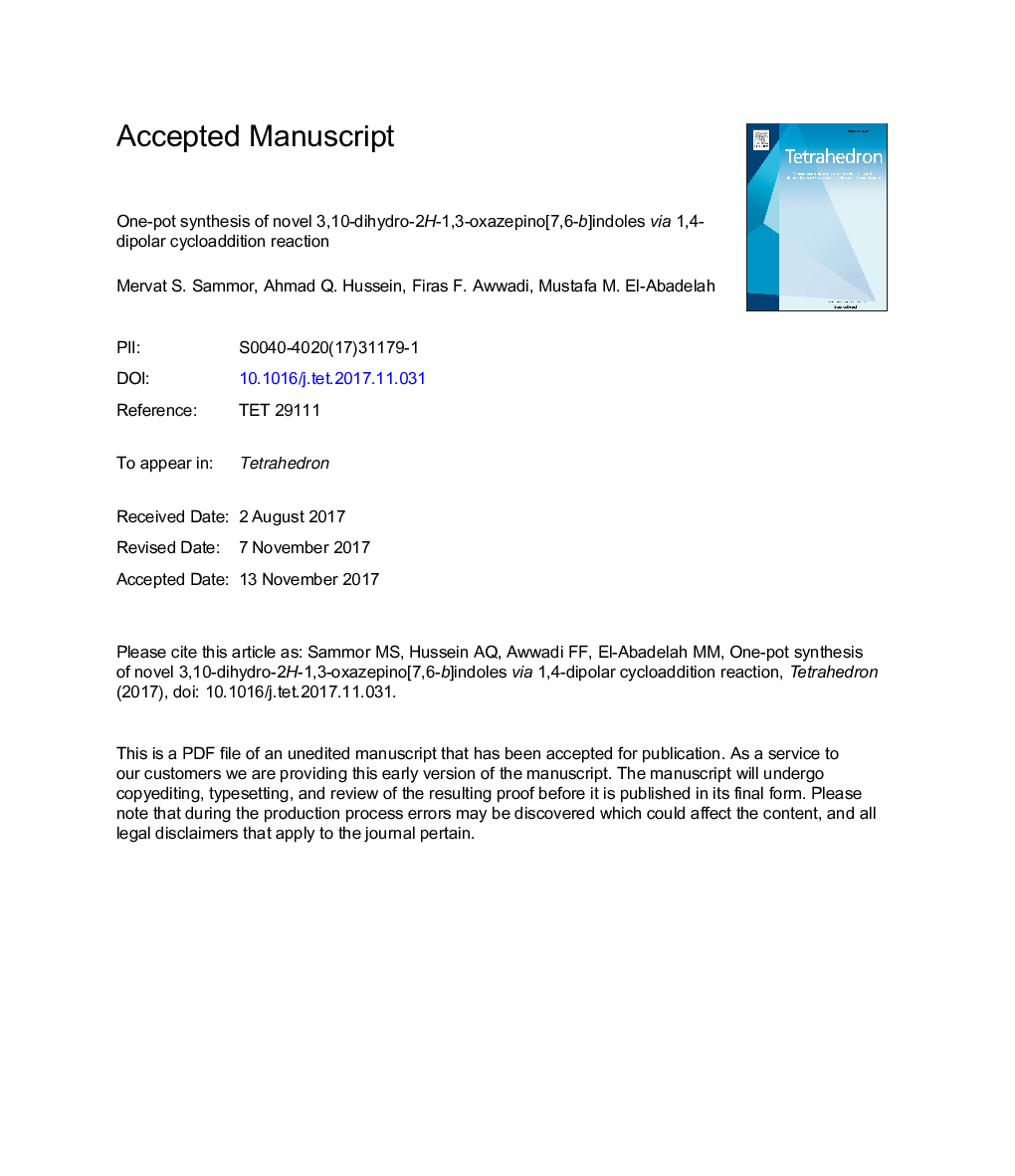 One-pot synthesis of novel 3,10-dihydro-2H-1,3-oxazepino[7,6-b]indoles via 1,4-dipolar cycloaddition reaction