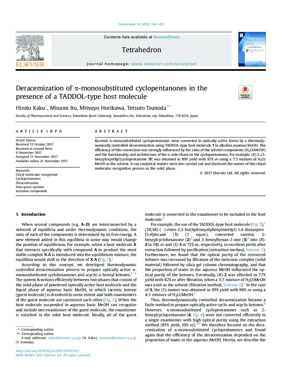 Deracemization of Î±-monosubstituted cyclopentanones in the presence of a TADDOL-type host molecule