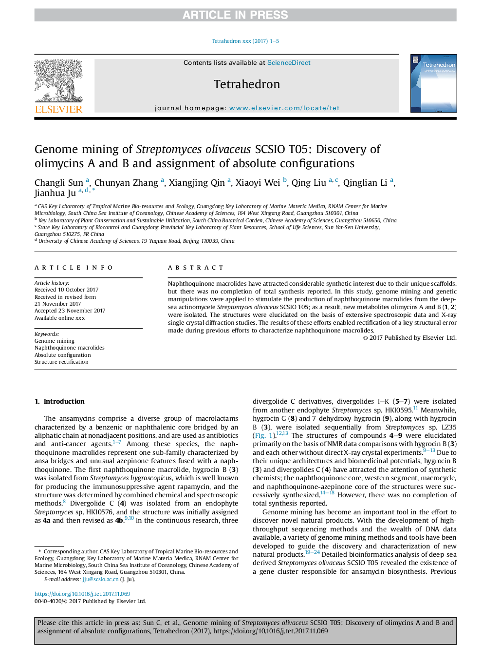 Genome mining of Streptomyces olivaceus SCSIO T05: Discovery of olimycins A and B and assignment of absolute configurations