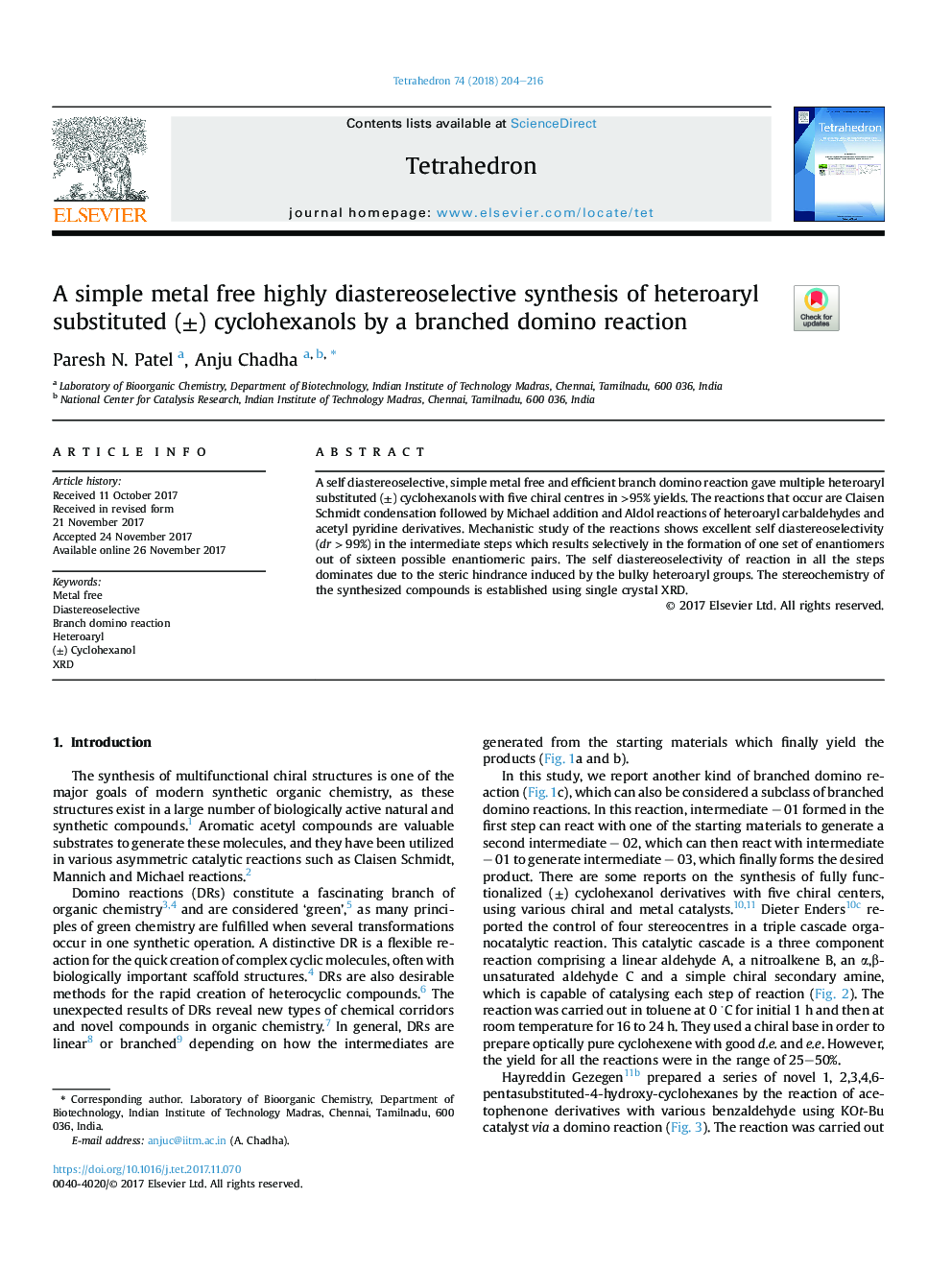 A simple metal free highly diastereoselective synthesis of heteroaryl substituted (Â±) cyclohexanols by a branched domino reaction