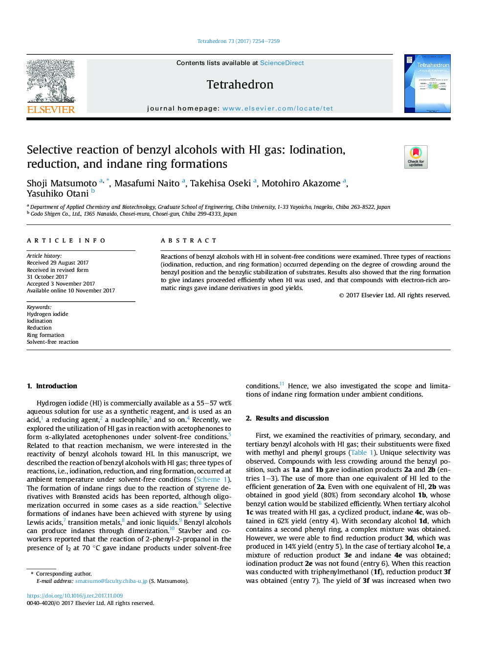 Selective reaction of benzyl alcohols with HI gas: Iodination, reduction, and indane ring formations