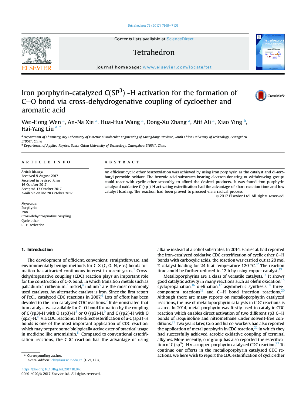 Iron porphyrin-catalyzed C(SP3) -H activation for the formation of CO bond via cross-dehydrogenative coupling of cycloether and aromatic acid