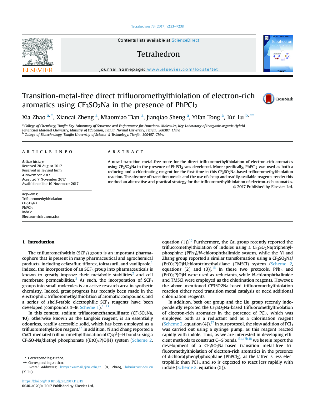 Transition-metal-free direct trifluoromethylthiolation of electron-rich aromatics using CF3SO2Na in the presence of PhPCl2