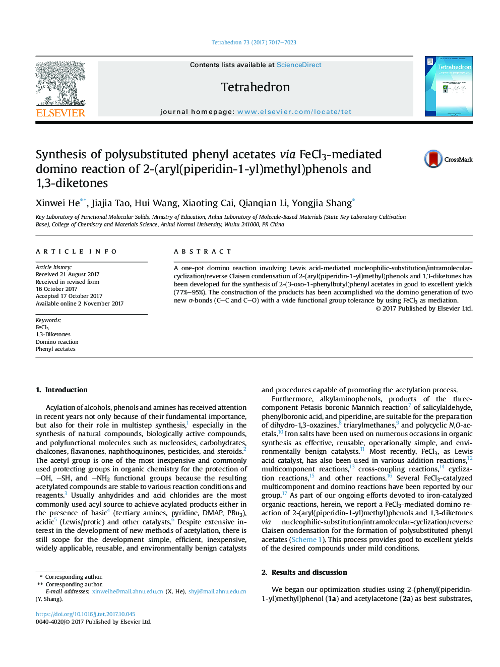 Synthesis of polysubstituted phenyl acetates via FeCl3-mediated domino reaction of 2-(aryl(piperidin-1-yl)methyl)phenols and 1,3-diketones