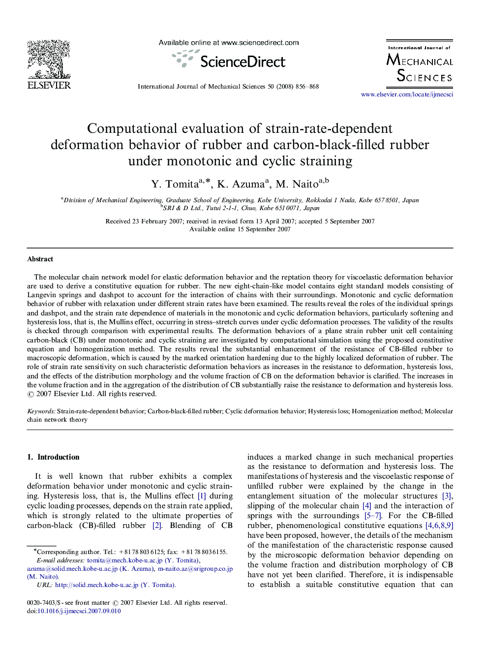 Computational evaluation of strain-rate-dependent deformation behavior of rubber and carbon-black-filled rubber under monotonic and cyclic straining