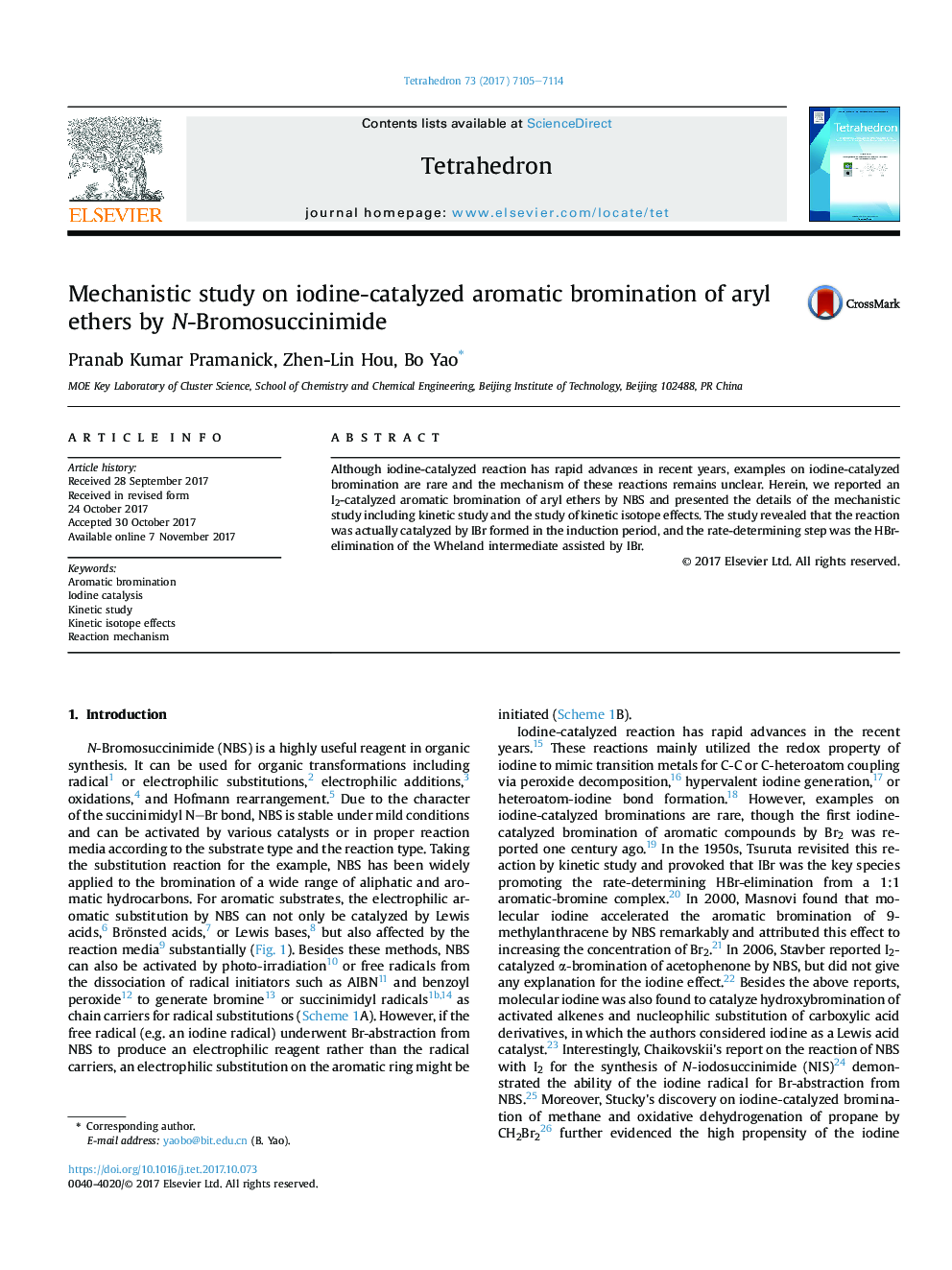 Mechanistic study on iodine-catalyzed aromatic bromination of aryl ethers by N-Bromosuccinimide