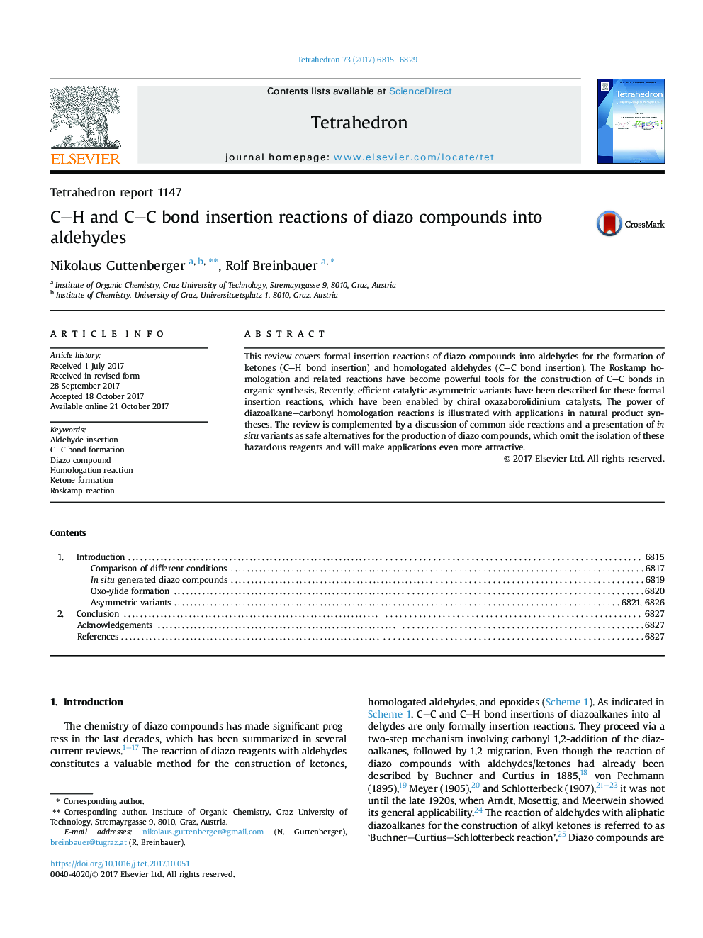 CH and CC bond insertion reactions of diazo compounds into aldehydes