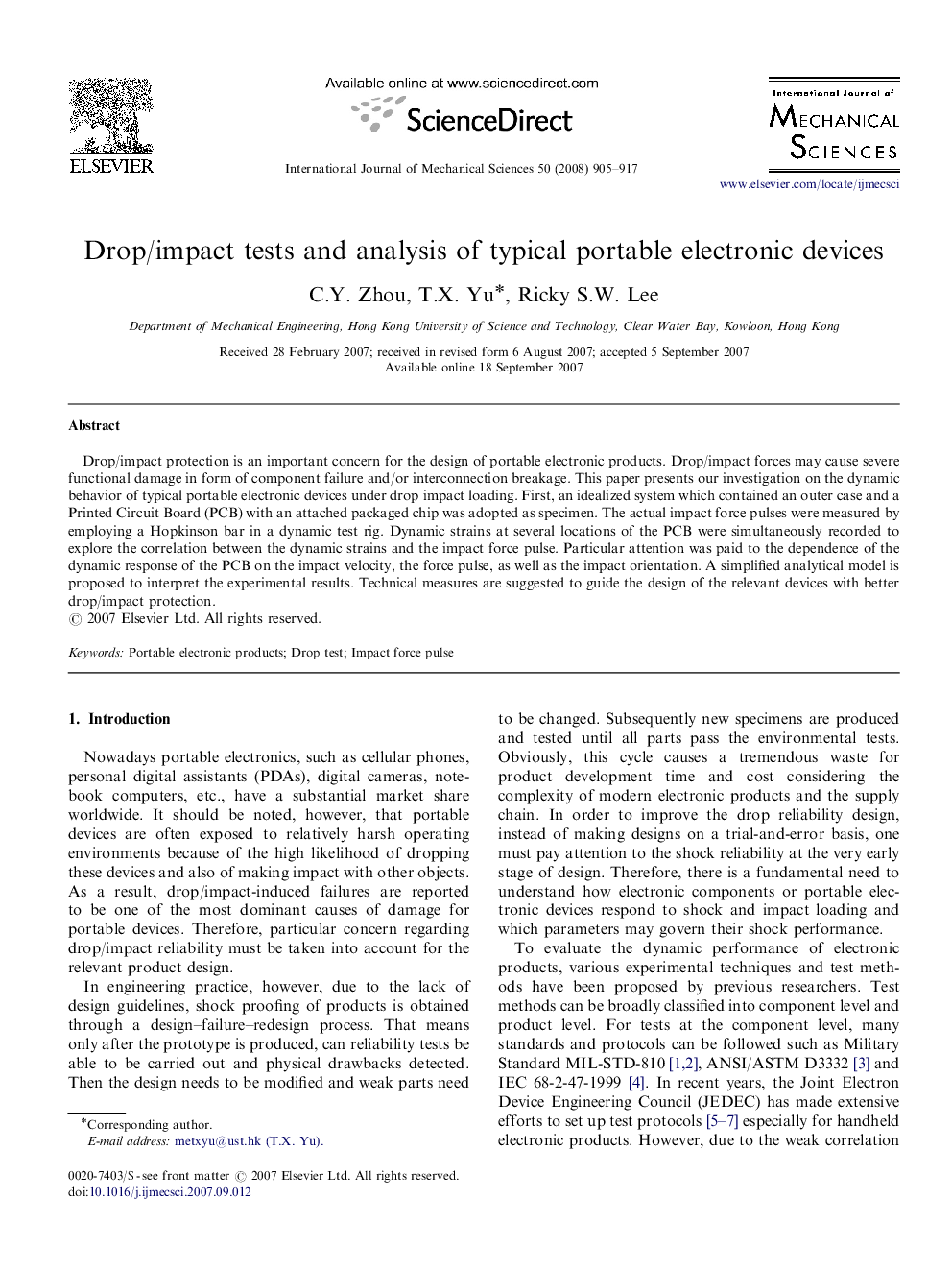 Drop/impact tests and analysis of typical portable electronic devices