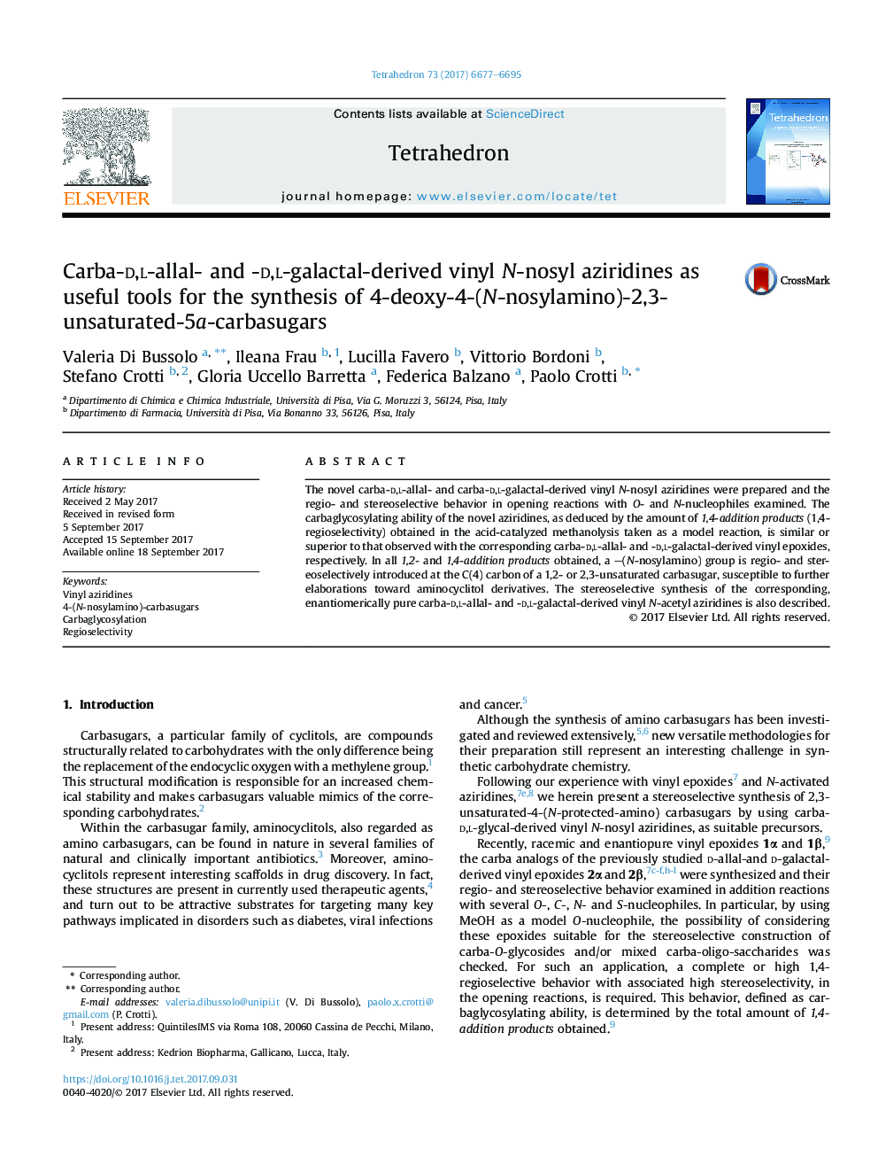 Carba-d,l-allal- and -d,l-galactal-derived vinyl N-nosyl aziridines as useful tools for the synthesis of 4-deoxy-4-(N-nosylamino)-2,3-unsaturated-5a-carbasugars