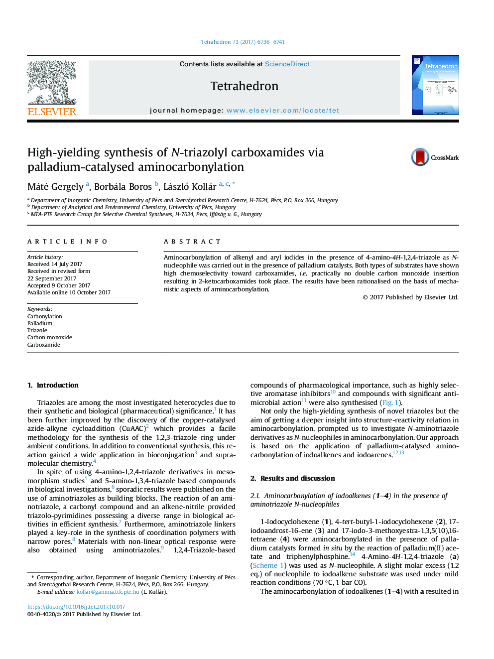 High-yielding synthesis of N-triazolyl carboxamides via palladium-catalysed aminocarbonylation